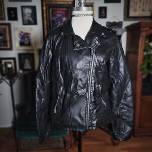 New Look Moto Jacket Faux Leather Black Biker Asymmetrical Zip Women's Size L